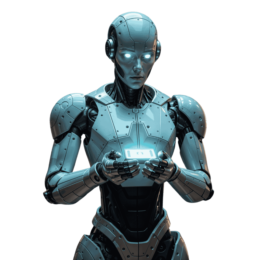 Futuristic robot holding a glowing data icon, symbolizing advanced AI-driven technologies and robust measures for data security and protection.